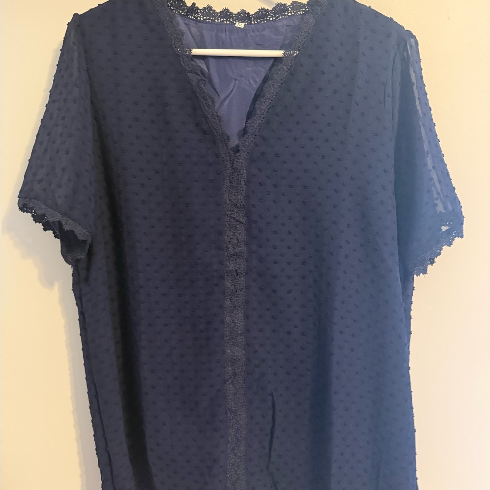 Elegant Navy Blue Lace Trim Women's Top